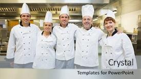  Presentation with camera - Audience pleasing slide set consisting of restaurant staff - five happy chefs smiling backdrop and a lemonade colored foreground