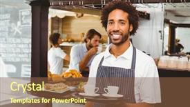  Presentation with coffee shop - Beautiful presentation featuring restaurant staff - handsome waiter smiling at camera backdrop and a tawny brown colored foreground