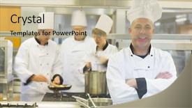  Presentation with chef - Presentation design enhanced with restaurant staff - mature male chef posing background and a mint green colored foreground