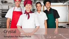  Presentation with mature masked female surgeon - Theme consisting of restaurant staff - portrait of happy female mature background and a coral colored foreground