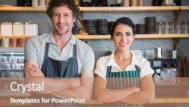  Presentation with cafeteria benefit - PPT theme having restaurant staff - portrait of waiter and waitress background and a coral colored foreground