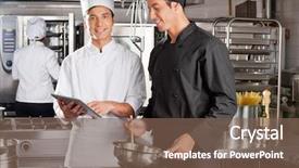 Presentation with chef - Audience pleasing slide deck consisting of restaurant staff - portrait of young chef assisting backdrop and a violet colored foreground