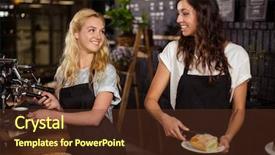  Presentation with reservation counter - Colorful slide deck enhanced with restaurant staff - pretty waitresses behind the counter backdrop and a  colored foreground