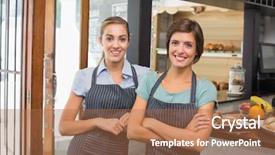 Presentation with coffee shop - Colorful presentation enhanced with restaurant staff - pretty waitresses smiling at camera backdrop and a coral colored foreground