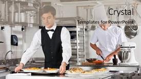  Presentation with restaurant waiter - PPT theme having restaurant staff - young waiter carrying tray background and a light gray colored foreground
