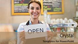 Presentation with cafe - Theme with restaurant startup - woman holding open sign background and a coral colored foreground