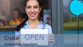  Presentation with grand opening cafe - Theme enhanced with restaurant startup - woman holding open sign background and a teal colored foreground