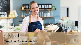  Presentation with working woman - Cool new slides with restaurant startup - woman working at cafe backdrop and a coral colored foreground