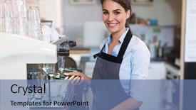  Presentation with college coffee shop - Theme enhanced with restaurant startup business - woman working in coffee shop background and a ocean colored foreground