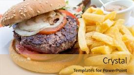  Presentation with burger fries - Beautiful presentation design featuring restaurant steaks - cheese burger - american cheese backdrop and a  colored foreground