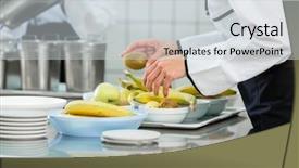  Presentation with canteen - Cool new PPT theme with restaurant system - chef preparing plates in gastronomic backdrop and a light gray colored foreground