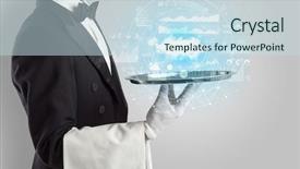  Presentation with cloud technology - Amazing PPT layouts having restaurant system - elegant young waiter serving cloud backdrop and a sky blue colored foreground