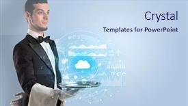  Presentation with cloud technology - Beautiful presentation featuring restaurant system - elegant young waiter serving cloud backdrop and a sky blue colored foreground