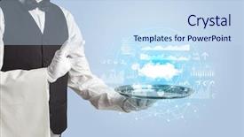  Presentation with healthcare technology cloud - Amazing presentation design having restaurant system - elegant young waiter serving cloud backdrop and a sky blue colored foreground