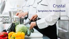  Presentation with canteen - Colorful PPT layouts enhanced with restaurant system - team of chefs preparing food backdrop and a sky blue colored foreground