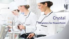  Presentation with canteen - PPT layouts having restaurant system - team of chefs preparing food background and a sky blue colored foreground