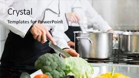  Presentation with canteen - Colorful presentation design enhanced with restaurant system - team of chefs preparing food backdrop and a white colored foreground