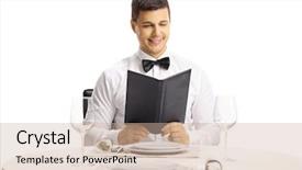  Presentation with reading table - Audience pleasing slide set consisting of restaurant table reading a menu backdrop and a soft green colored foreground