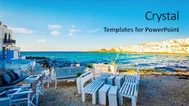  Presentation with ancient greek of stone - Theme with restaurant tables on turquoise stony background and a cyan colored foreground