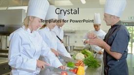  Presentation with work anniversary 10 - Presentation design enhanced with restaurant training - chef watching trainees at work background and a  colored foreground