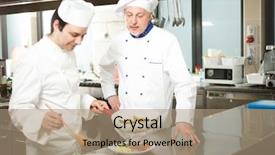  Presentation with chef - PPT theme consisting of restaurant training - chief chef watching his assistant background and a coral colored foreground