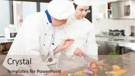  Presentation with chef - Theme enhanced with restaurant training - chief chef watching his assistant background and a soft green colored foreground