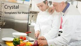  Presentation with restaurant kitchen - Audience pleasing slide deck consisting of restaurant training - friendly chef preparing vegetables backdrop and a soft green colored foreground