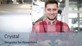  Presentation with photo - Beautiful PPT theme featuring restaurant training - photo of smiling businessman backdrop and a light blue colored foreground