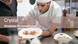  Presentation with cooking equipment kitchen utensils - PPT theme enhanced with restaurant training - professional cook chefs in kitchen background and a coral colored foreground