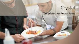  Presentation with cooking equipment kitchen utensils - Beautiful PPT theme featuring restaurant training - professional cook chefs in kitchen backdrop and a soft green colored foreground