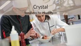  Presentation with restaurant kitchen - Audience pleasing slide set consisting of restaurant training - professional cook chefs in kitchen backdrop and a coral colored foreground