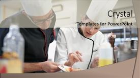  Presentation with cooking equipment kitchen utensils - Cool new PPT theme with restaurant training - professional cook chefs in kitchen backdrop and a  colored foreground