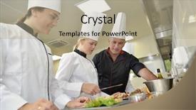  Presentation with team - Slides having restaurant training - team of young chefs preparing background and a  colored foreground