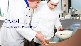  Presentation with contemporary world two columns - Colorful theme enhanced with restaurant training - two chefs working toghether backdrop and a sky blue colored foreground
