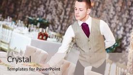  Presentation with restaurant waiter - PPT theme featuring restaurant waiter serving table background and a soft green colored foreground