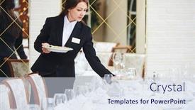  Presentation with waitress - Colorful slide deck enhanced with restaurant-waitress-serving-table backdrop and a sky blue colored foreground