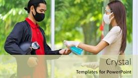  Presentation with hand hygiene - Beautiful presentation design featuring restaurant-waitress-staff-push-hand backdrop and a soft green colored foreground