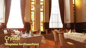  Presentation with customers - Colorful slide deck enhanced with restaurant with served tables ready for customers backdrop and a tawny brown colored foreground