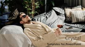  Presentation with wine - PPT theme consisting of restful-guy-in-bathrobe background and a coral colored foreground