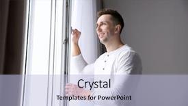  Presentation with gold man smile - Beautiful slides featuring resthome safety - smiling man opening white plastic backdrop and a  colored foreground