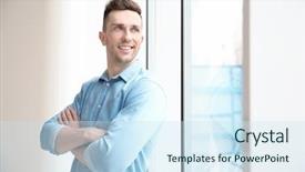  Presentation with plastic - Beautiful slide deck featuring resthome safety - smiling man standing near big backdrop and a  colored foreground