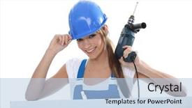  Presentation with drill - Audience pleasing PPT theme consisting of resthome safety - woman with drill and helmet backdrop and a light blue colored foreground