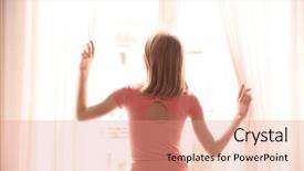  Presentation with curtains - Beautiful theme featuring resthome safety - young woman opening curtains backdrop and a  colored foreground