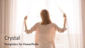  Presentation with curtains - Theme enhanced with resthome safety - young woman opening curtains background and a  colored foreground