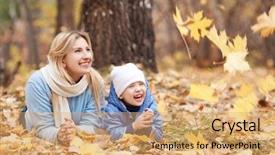  Presentation with autumn - Slides enhanced with resting children - happy young mother and her background and a coral colored foreground