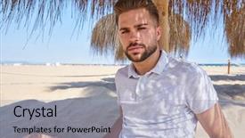  Presentation with summer at the beach - PPT layouts with resting palm tree - young beard man background and a  colored foreground