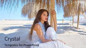  Presentation with beach - Slides enhanced with resting palm tree - young latin woman background and a  colored foreground