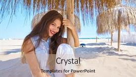  Presentation with beach - Amazing theme having resting palm tree - young latin woman backdrop and a  colored foreground