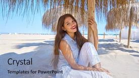  Presentation with palm beach - Beautiful slides featuring resting palm tree - young latin woman backdrop and a light blue colored foreground