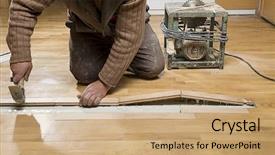  Presentation with worker - PPT theme having restorant - manual worker fixing wooden floor background and a coral colored foreground